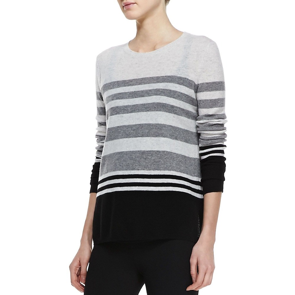 Vince Women's Large Sweater 100% Cashmere Striped Crewneck Lightweight Gray
